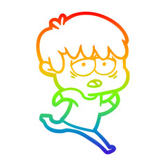 rainbow gradient line drawing cartoon exhausted boy