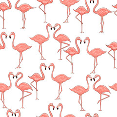 Obraz premium Cartoon pink flamingo seamless pattern on white background