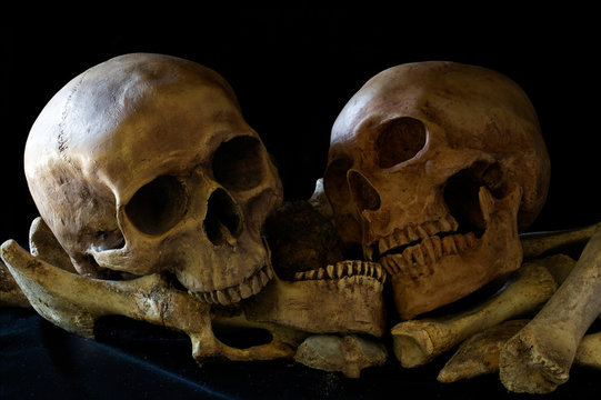 Two Skulls on pile of bones and on black cloth and dark background