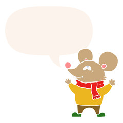 cartoon mouse wearing scarf and speech bubble in retro style