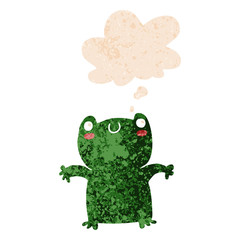 cartoon frog and thought bubble in retro textured style
