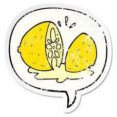 cartoon cut lemon and speech bubble distressed sticker