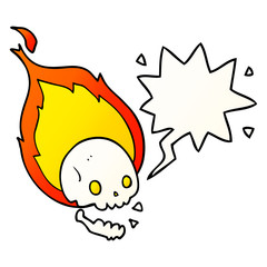 spooky cartoon flaming skull and speech bubble in smooth gradient style
