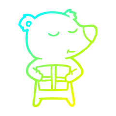 cold gradient line drawing happy cartoon polar bear with present