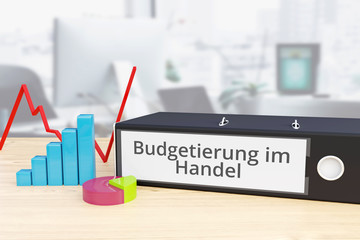 Budgetierung im Handel – Finanzen/Wirtschaft. Ordner auf Schreibtisch mit Beschriftung neben Diagrammen. Business/Statistik