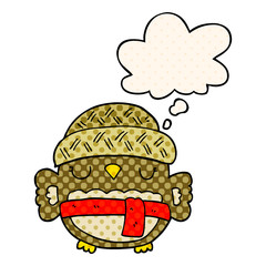 cute cartoon owl in hat and thought bubble in comic book style