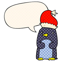 cute christmas penguin and speech bubble in comic book style