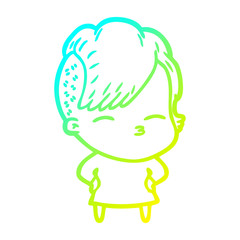 cold gradient line drawing cartoon squinting girl