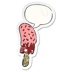 cartoon ice cream lolly and speech bubble distressed sticker
