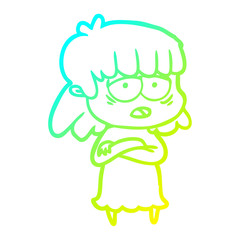 cold gradient line drawing cartoon tired woman
