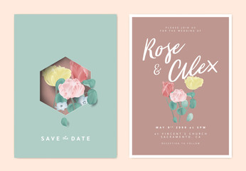 Minimalist botanical wedding invitation card template design, tulips and leaves, green and brown vintage theme