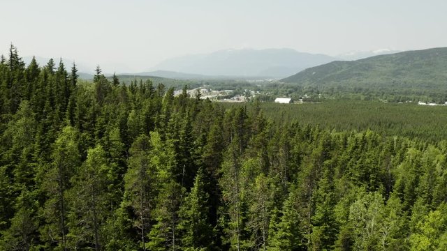 An aerial, cinematic, moving reveal of the outskirts of the town shot in Terrace, B.C. Canada during the summer months on a sunny day.