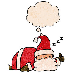 cartoon sleepy santa and thought bubble in grunge texture pattern style