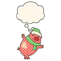 cartoon pig wearing christmas hat and thought bubble in comic book style