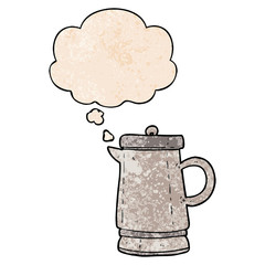 cartoon old kettle and thought bubble in grunge texture pattern style