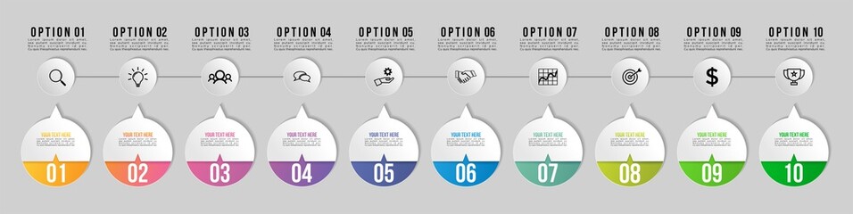 Vector Infographic Design Template with 10 Options Steps and Marketing Icons. Business Data Visualization can be used for info graph, presentations, process, diagrams, annual reports, workflow layout