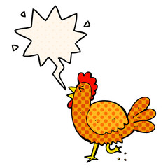 cartoon rooster and speech bubble in comic book style