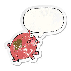 cartoon pig and speech bubble distressed sticker