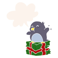 cartoon penguin on wrapped present and speech bubble in retro style