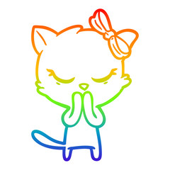 rainbow gradient line drawing cute cartoon cat with bow