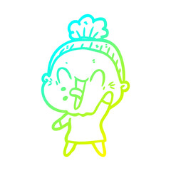 cold gradient line drawing cartoon happy old woman
