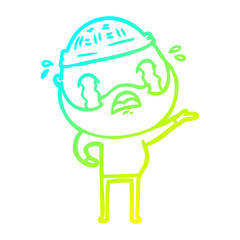 cold gradient line drawing cartoon bearded man crying