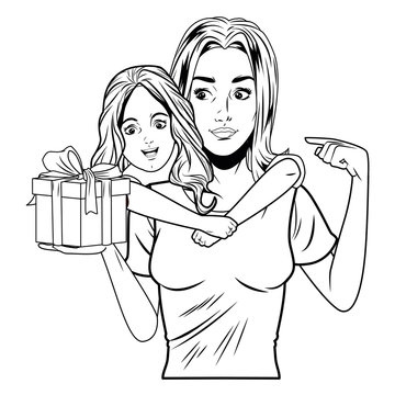 woman and girl with gift box in black and white pop art