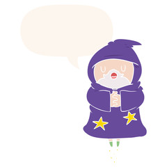 cartoon floating wizard and speech bubble in retro style