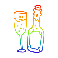 rainbow gradient line drawing cartoon champagne bottle and glass
