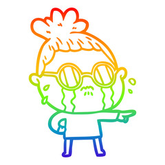 rainbow gradient line drawing cartoon crying woman wearing spectacles