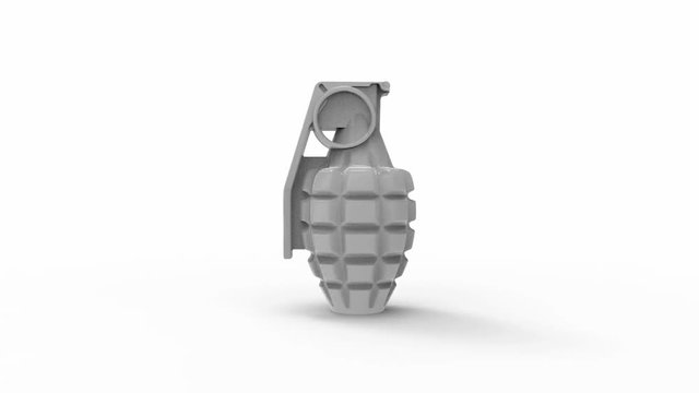 3d rendering animation of a handgrenade turning in white studio background