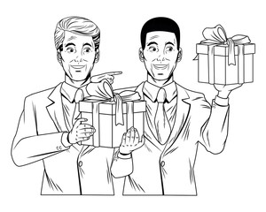 men avatar with gift box in black and white