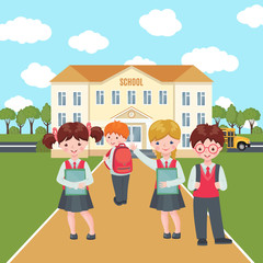 Obraz na płótnie Canvas Vector Happy kids on school building background.