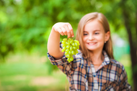 Girl in a plaid shirt and jeans holding a bunch of green grapes close-up. Concept of harvesting a plantation of grapes and a girl copy space.