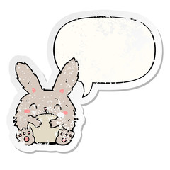cute cartoon rabbit and speech bubble distressed sticker