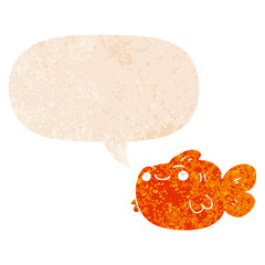 cartoon fish and speech bubble in retro textured style