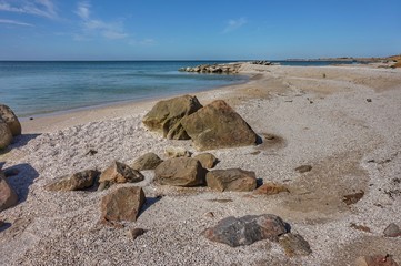 Shore of the Azov Sea in the morning sun.
