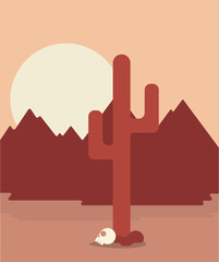 Desert Landscape with Mountains, Cactus, and Skull at Sunset