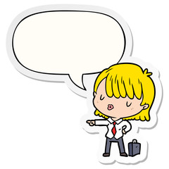 cartoon efficient businesswoman giving orders and speech bubble sticker