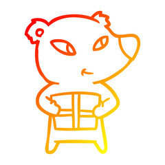 warm gradient line drawing cute cartoon polar bear with xmas present