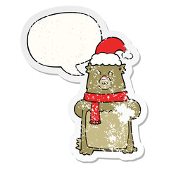 cartoon bear wearing christmas hat and speech bubble distressed sticker