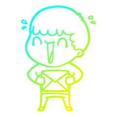 cold gradient line drawing laughing cartoon man with letter