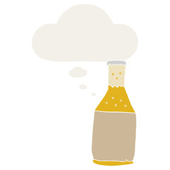 cartoon beer bottle and thought bubble in retro style