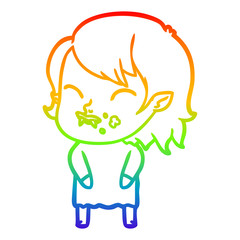 rainbow gradient line drawing cartoon vampire girl with blood on cheek