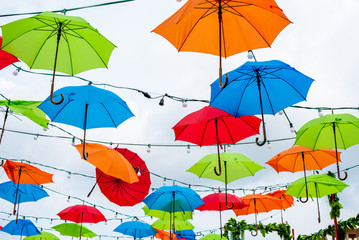 Fototapeta na wymiar Brightly colored umbrellas in Zagreb, Croatia