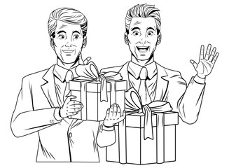 men avatar with gift box in black and white pop art