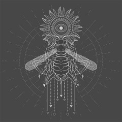 Vector illustration with hand drawn Wasp and Sacred symbol Sun on black background. Abstract mystic sign.