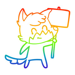 rainbow gradient line drawing cartoon friendly fox with sign