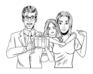 family avatar with gift box in black and white