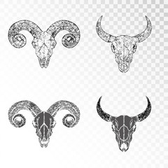 ПечатьVector set of hand drawn skulls of horned animals: bull and ram on transparent background. Black silhouettes and contour with grunge texture.